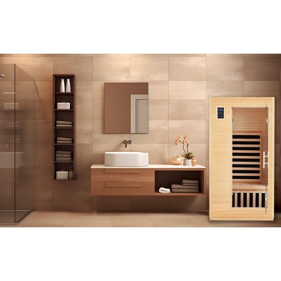 EastVita 1 Person Sauna, Low EMF 6 Heating Plate Infrared Physical Therapy Wooden Dry Steam Sauna,Dual Controls, Iron Wall Plate,for Home Spa Day