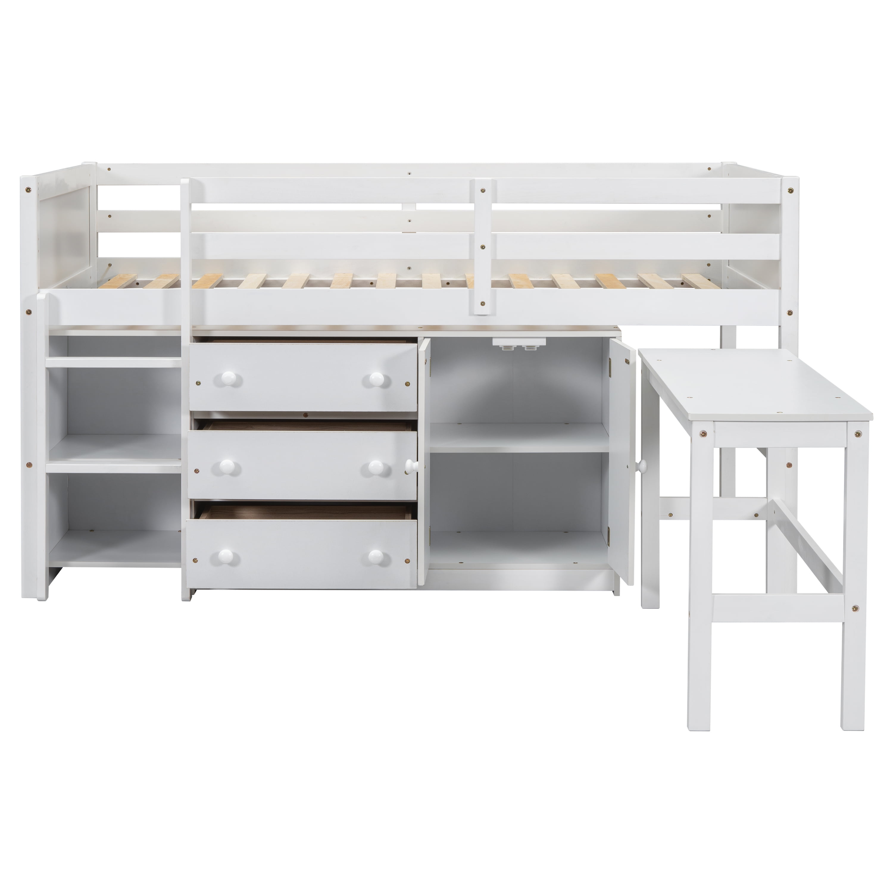 Euroco Wood Twin Size Loft Bed Frame with 3 Drawers, Portable Desk and Shelves for Kids