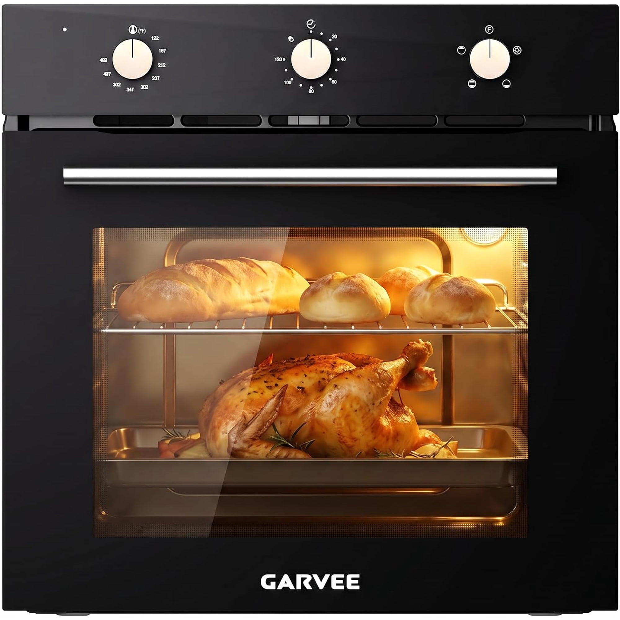 24 Inch Wall Oven 2.5 Cu Ft Built In Electric Oven with 4 Cooking Functions, 3000W Power, Knob Control, Low E Glass Door & Cooling Fan, Easy Clean Enamel Interior Black