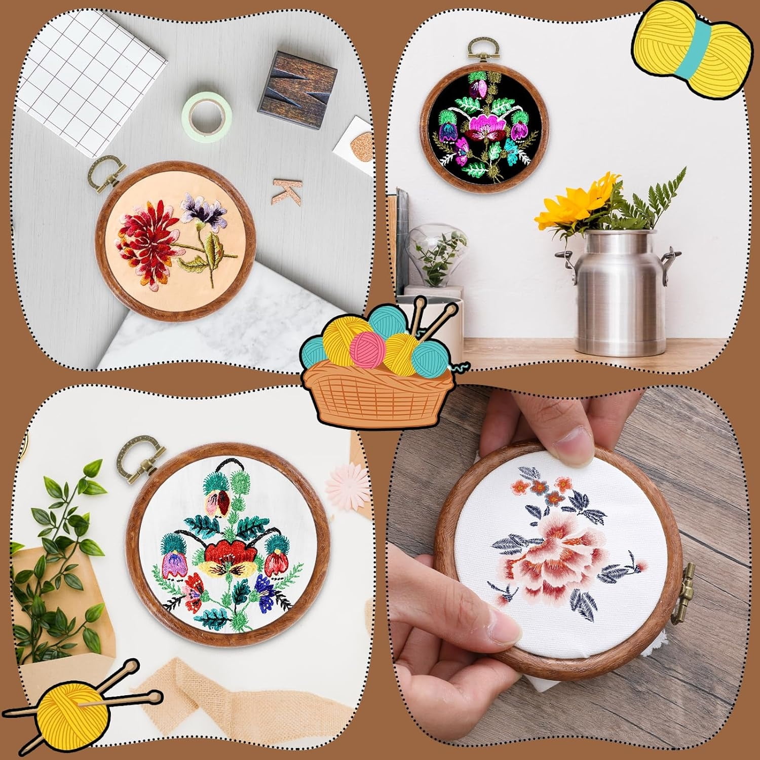 Topboutique Round Embroidery Hoops 10 Pcs 4 inch Circle Cross Stitch Hoop Ring Imitated Wood Display Frame for Embroidery Art Craft Sewing Ornaments Hanging Decoration
