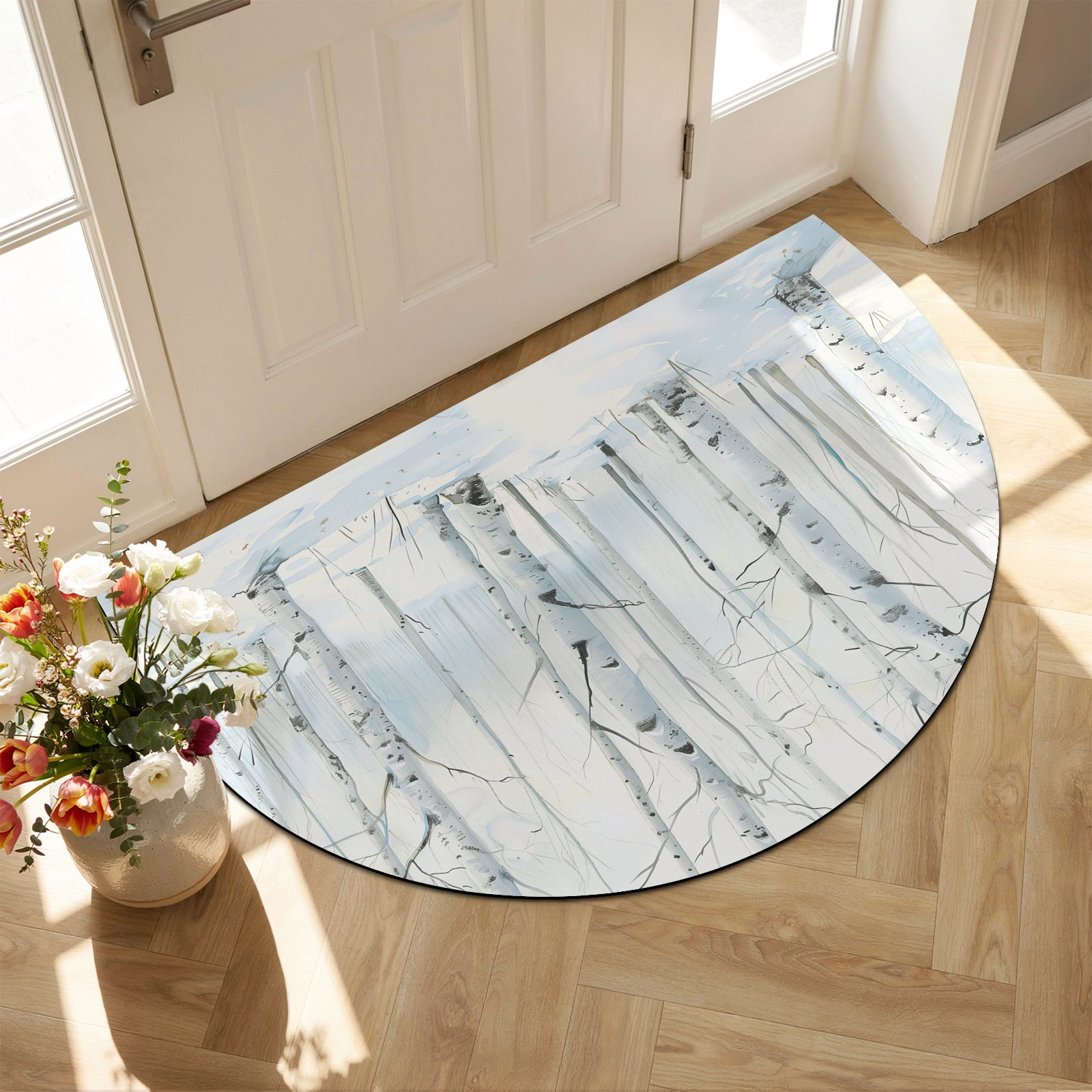 Indoor Doormat Front Door Mat 20 x31.5 Christmas Tree Absorbent & Non-Slip Half Circle Doormat Indoor Entrance Low-Profile Welcome Mat for Entryway Patio White Xmas Snowflake Watercolor