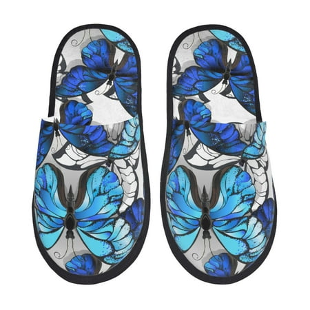 Balery Blue and White Butterflies Slient Indoor Furry Fleece Comfort House Shoes Soft Non-Slip Home Shoes Cotton slippers House Slippers-- Medium