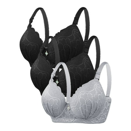 LYEAA Womens Bras with Underwire Push up 3 Pack of Plus Size Bra Full Figure Lifting Adjustable Strap Everyday Bra Support Under Outfit Bra Solid Breathable Cool T-Shirt Bra Sleep Bra Shapewear Bra S