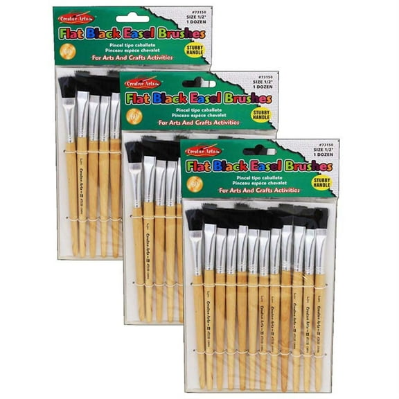 Charles Leonard Flat Tip Easel Paint Brushes, Short Stubby Handle, 0.50 Inch, Natural Handles, Black Bristles, 12 Per Pack, 3 Packs