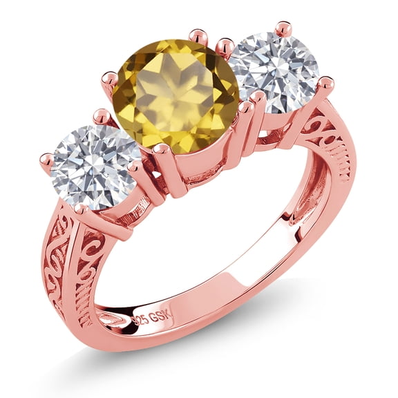 Gem Stone King 18K Rose Gold Plated Silver Champagne Quartz and Lab Grown Diamond Engagement Ring for Women | 2.25 Cttw | Round 7MM | Gemstone Birthstone | Size 9