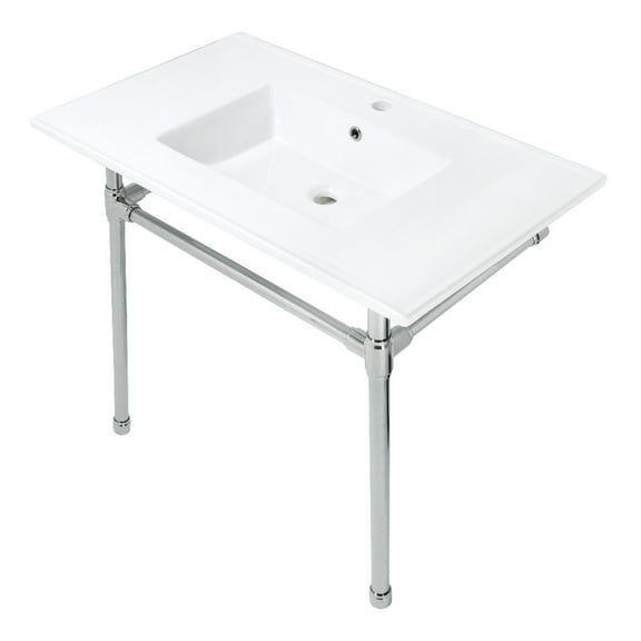 Kingston Brass KVPB3722716 Dreyfuss 37" Ceramic Console Sink with Stainless Steel Legs (1-Hole), White/Polished Nickel