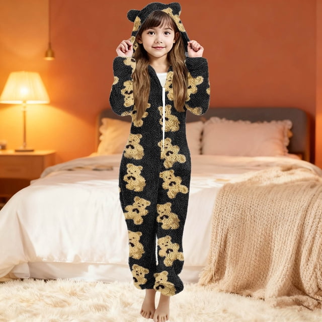EGNMCR Pantalon Long Fille Manches Longues Imprimé Combinaison à Capuche Manches Longues Pyjama Décontracté Hiver Chaud Combinaison de Nuit Fille Polyester Combinaison