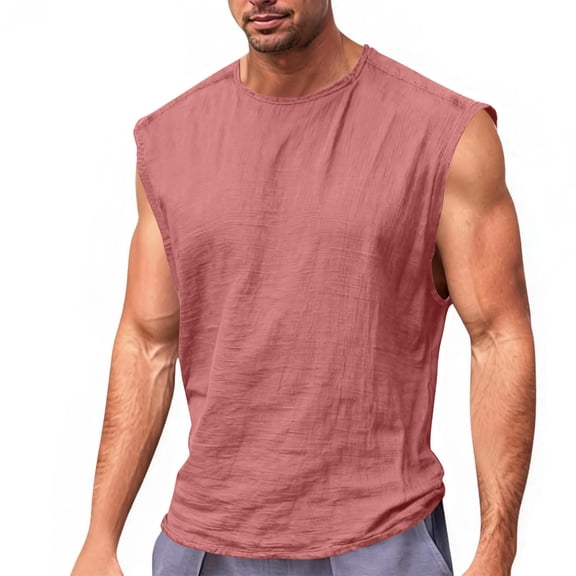 hlysgo Linen Tank Tops for Men Loose Fit Breathable Solid Color Sleeveless Tshirts Lightweight Crewneck Summer Vacation Beach Tank Tops Pink,Size S