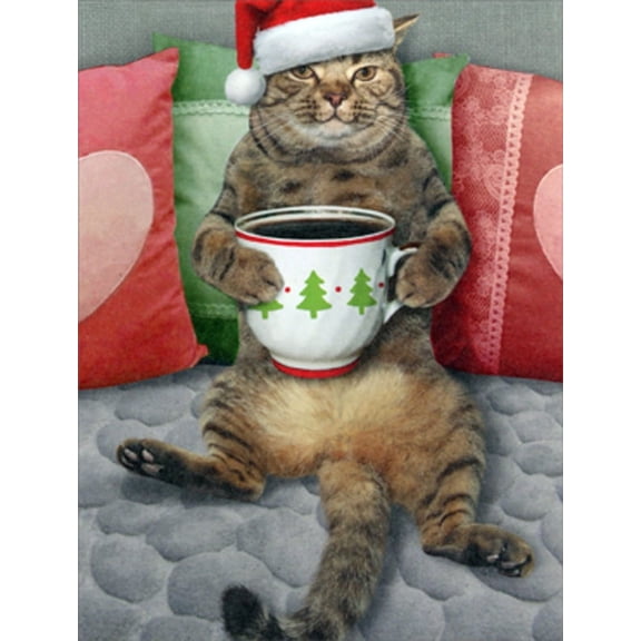 Recycled Paper Greetings Sitting Cat with Festive Mug Resting on Belly Package of 8 Funny Christmas Note Cards