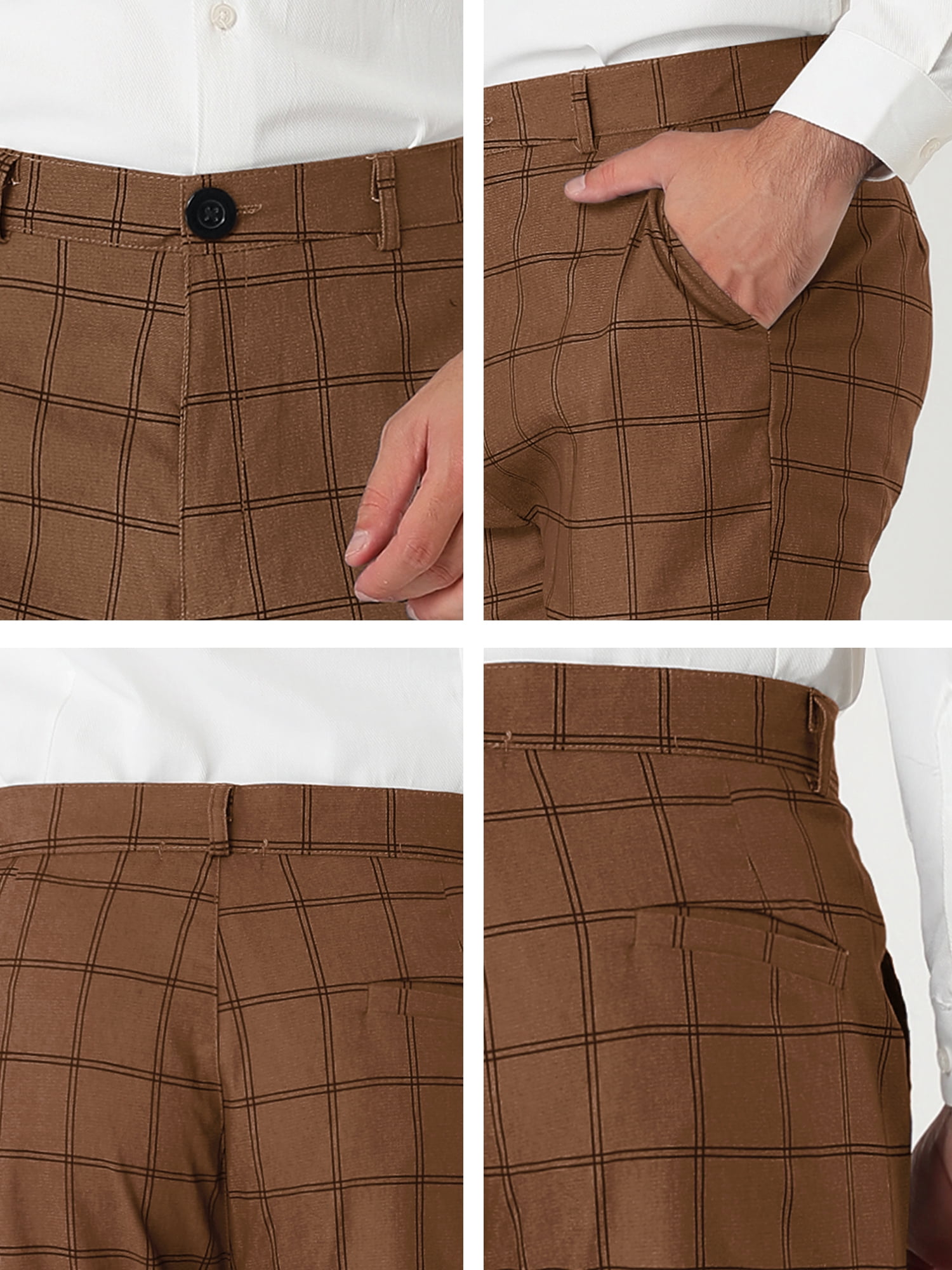 Unique Bargains Men's Slim Fit Plaid Business Pants Trousers with Pockets 38 Dark Brown