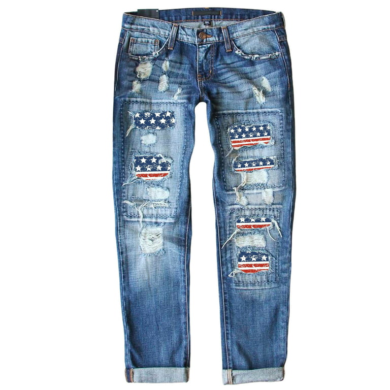 FARYSAYS Ripped Boyfriend Jeans American Flag Distressed Stretch Patchwork Jeans for Women Size 18 - Walmart.com