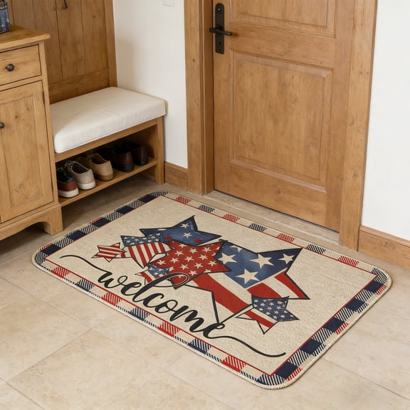 Patriotic Door Mat 4th of July Doormat Independence Day American Stars Stripes Memorial Day Home Decor Anti-Slip Retro Linen Outdoor Indoor Low Profile Floor Mat 16 x 24 Inch