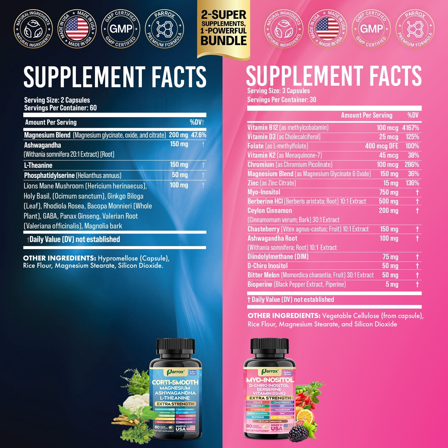 Parrox Cortisol & Myo-Inositol Supplement Bundle, Soothe & Smooth Bundle, Cortisol Balance, GABA, Magnesium, Ashwagandha, L-Theanine, D-Chiro Inositol, Folate, Berberine, Chasteberry, Zinc (3 Pack)