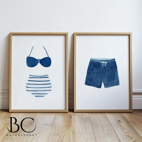 UNFFRAMED Set Of 2 Vintage Style Swimsuit Art Navy Blue & White Bathing Suit Art, Beach House Decor, Lake Housenursery Decor, Modern Wall Decor Set 2 Prints 8x12