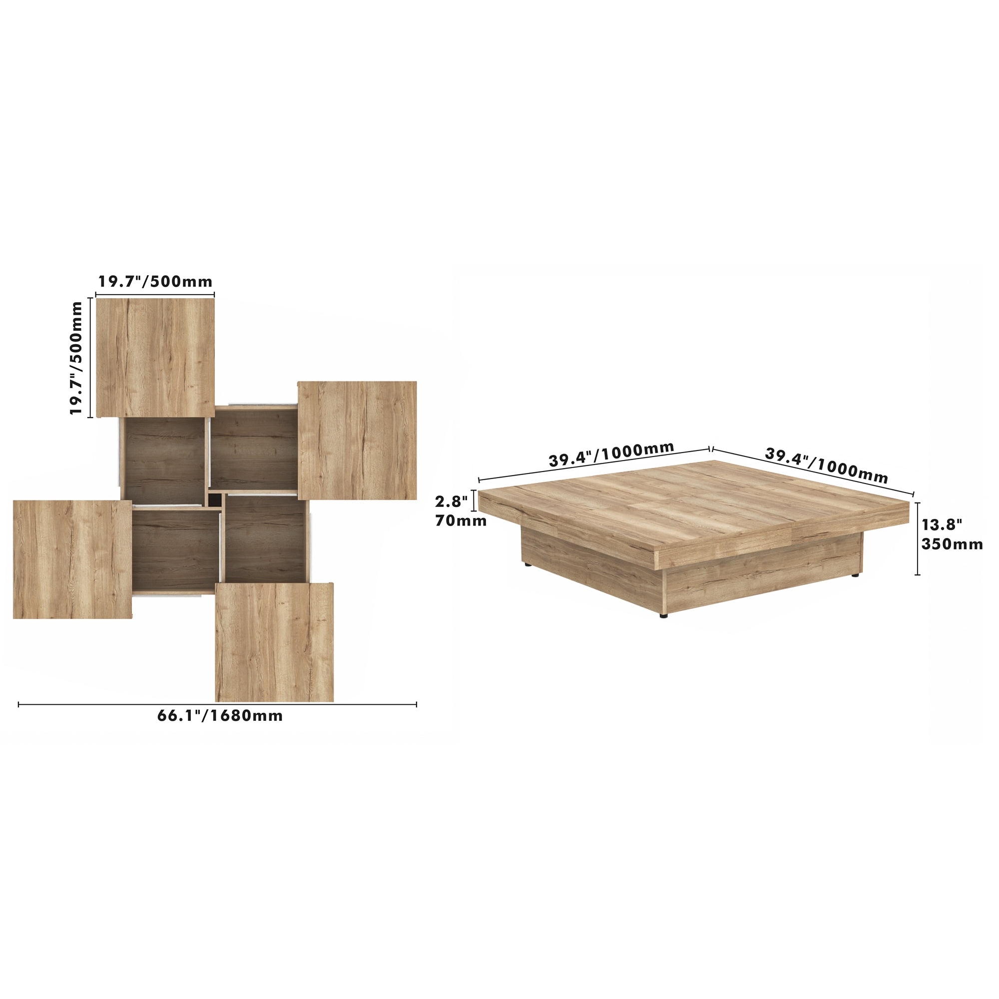 Euroco Square Veneer Coffee Table Sliding Top with Storage in Natural Wood Grain 39.4''