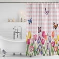 thumbnail image 2 of Tulips Spring Floral Shower Curtain Set - Small 36" x 72" Washable Bathtub Curtain with 12 Hooks, Pink Plaid Flowers Butterfly Pastoral Waterproof Fabric Stall Shower Curtains for Bathroom Décor, 2 of 6
