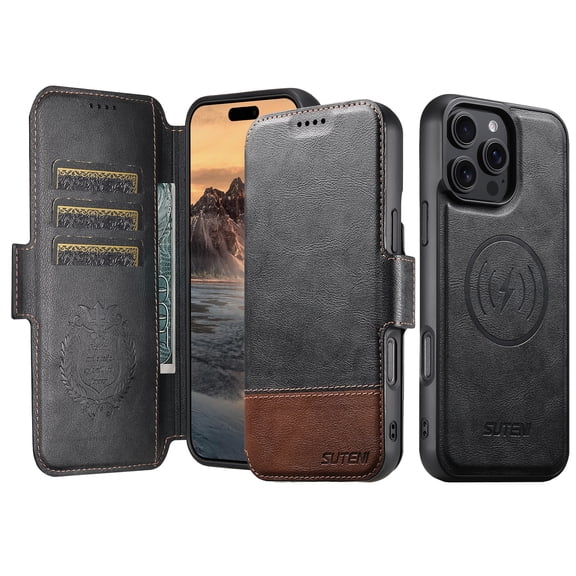 Wallet Case for iPhone 16 Pro, Premium PU Leather Detachable Magnetic Wallet Case, Credit Card Slots Kickstand Full Body Protection Magnetic Closure Rugged Phone Case Cover, Black