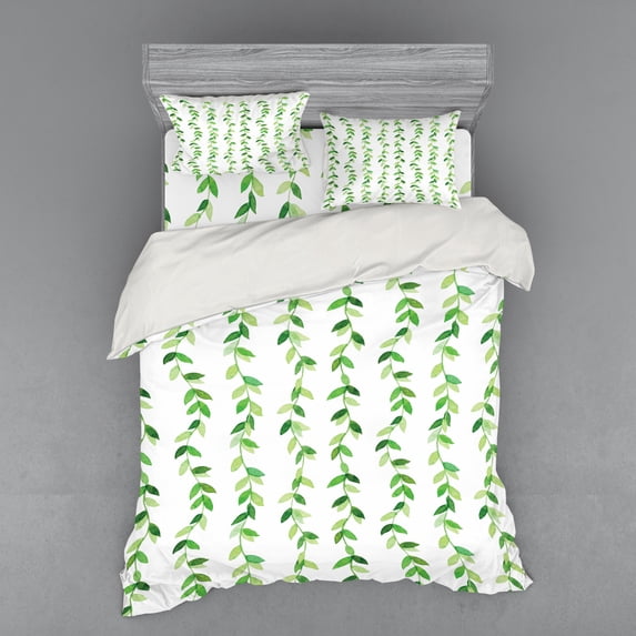 Ambesonne Leaf Bedding Set 4 Pcs, Watercolor Swirls Branches, Queen, Green White