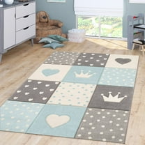 Paco Home Kids Rug Checkered with Hearts and Crowns in Blue - 3'11" Round (4'Round)