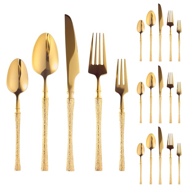Jetcloudlive Juego de 20 Pzas Dorado Silverware con Patrón de Árbol de Cintura Pequeña, Vajilla de Acero Inoxidable Creativa para Hotel, Cuchillo para Carne y Tenedor, Cuchara, Tenedor de Postre, Apt