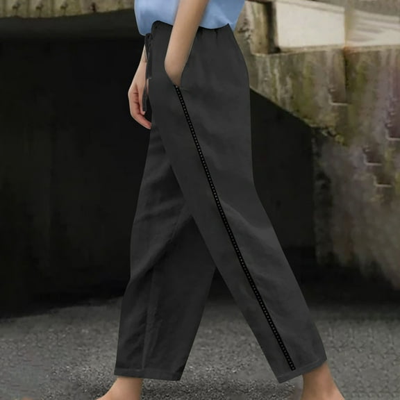 Women's Plus White Linen Pants Women Petite Women Solid Pants High Waisted Wide Leg Pants Fashion Drawstring Elastic Trousers Comfy Straight Leg Long Pants with Pockets