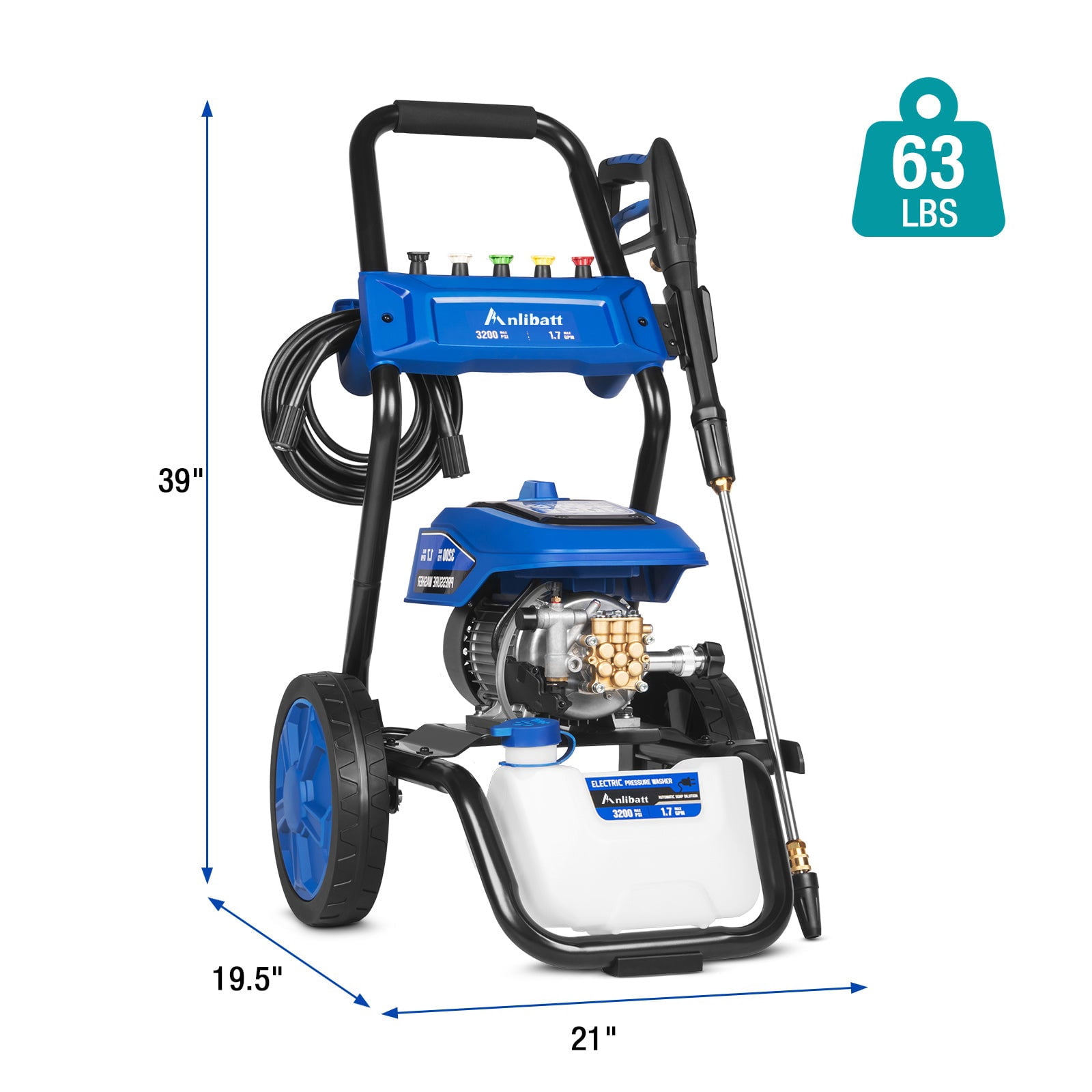 ANLIBATT 3200 PSI Electric Power Cold Water Pressure Washer with Brushless Motor Max 1.7 GPM 5 Quick Nozzles Buil-in Soap Tank 35ft Cord 25ft Hose