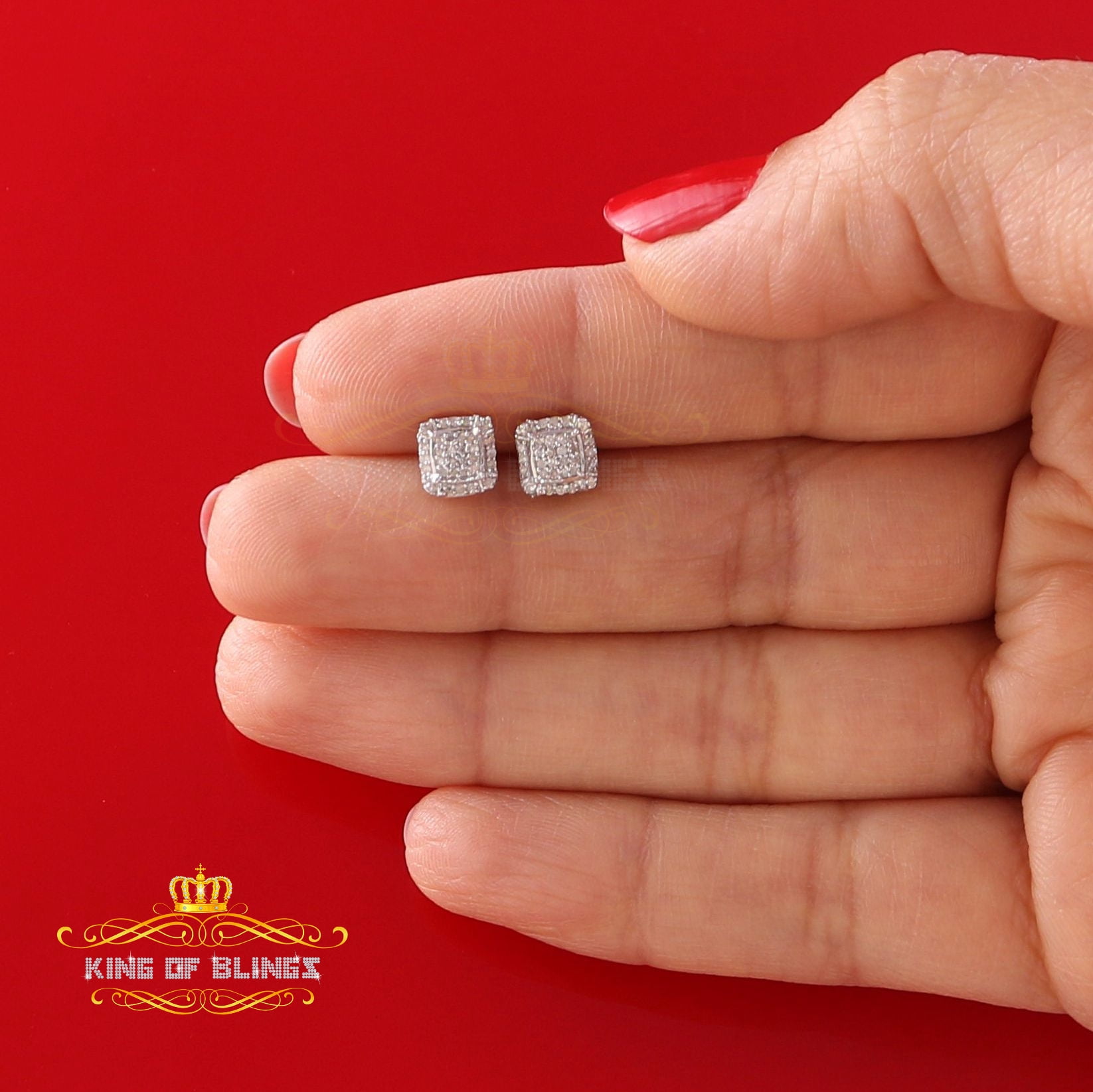 King of Bling's 0.15ct Diamond 925 Sterling Silver White Square Earring For Men's / Women's