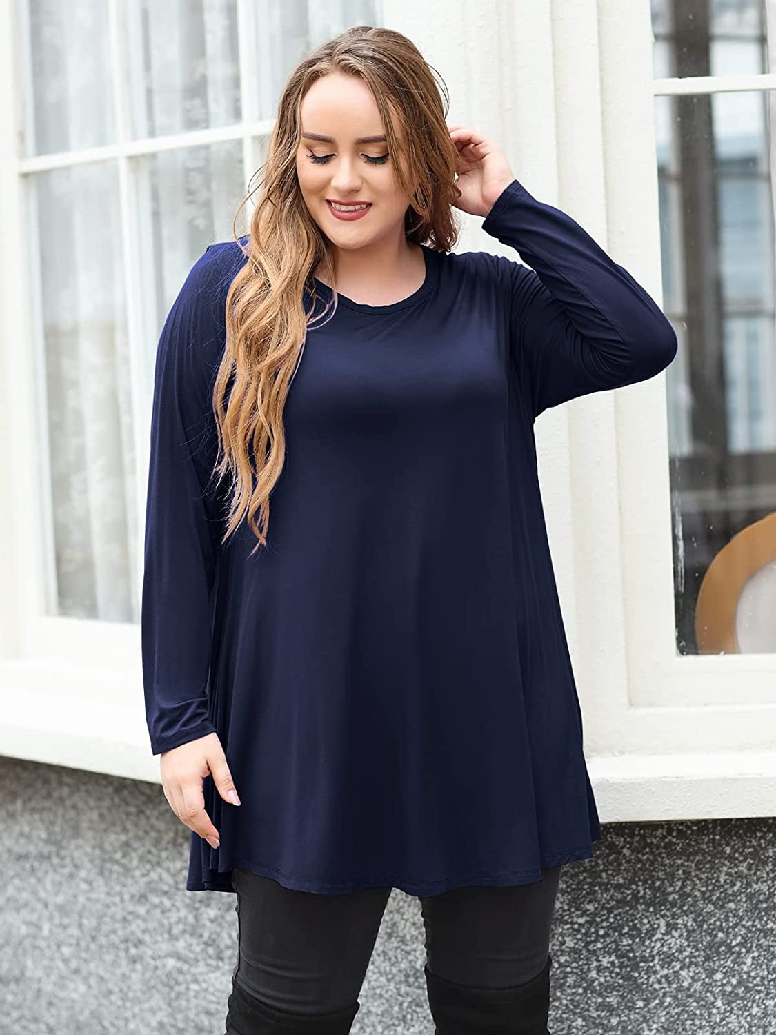LARACE Plus Size Tunic Tops for Women Long Sleeve Swing Shirt Loose Fit  Flowy Clothing for Leggings 8053 - Navy Blue / 1XL