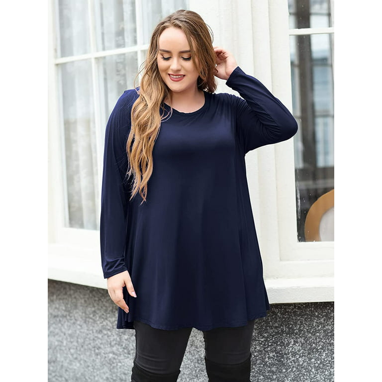 LARACE Plus Size Tunic Tops Long Sleeve Shirts for Women Swing Flowy Loose  Fit Clothes for Leggings Navy Blue 4X