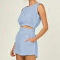 thumbnail image 6 of Womens Summer 2 Piece Cotton Linen Outfits Casual Crewneck Sleeveless Crop Tops High Waisted Shorts Sets Tracksuits, 6 of 7