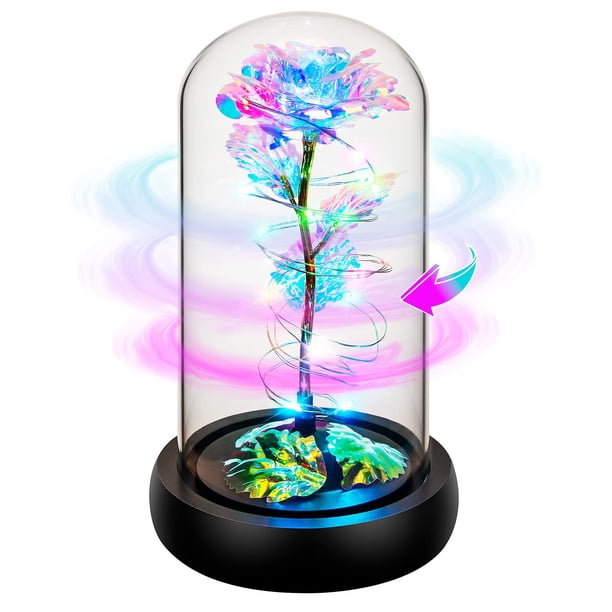 Flor giratoria de regalo para niños con forma de rosa arcoíris en cúpula de cristal