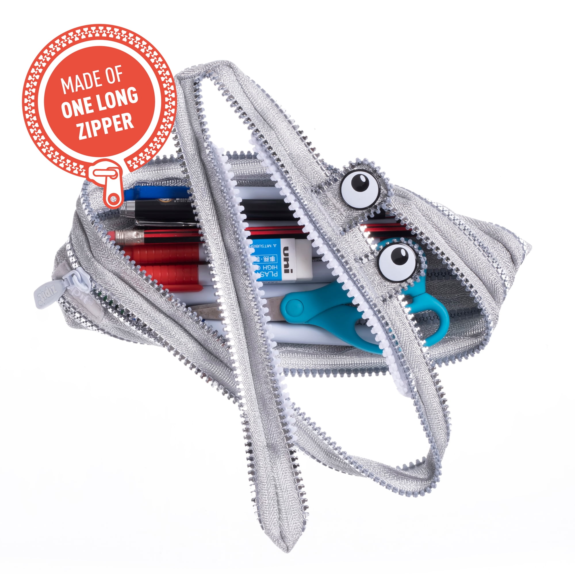 ZIPIT Monster Pencil Case for Kids, Large Capacity Cute Pencil Pouch, Holds up to 30 Pens, Made of One Long Zipper (Silver)