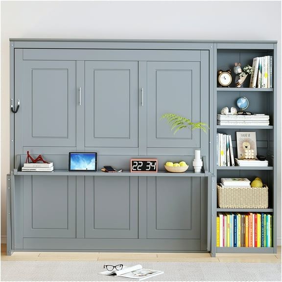 JERFIT Gray Queen Murphy Bed with Floating Desk, Bookshelf Storage Cabinet, Space Saving Wall Bed Unit for Small Spaces