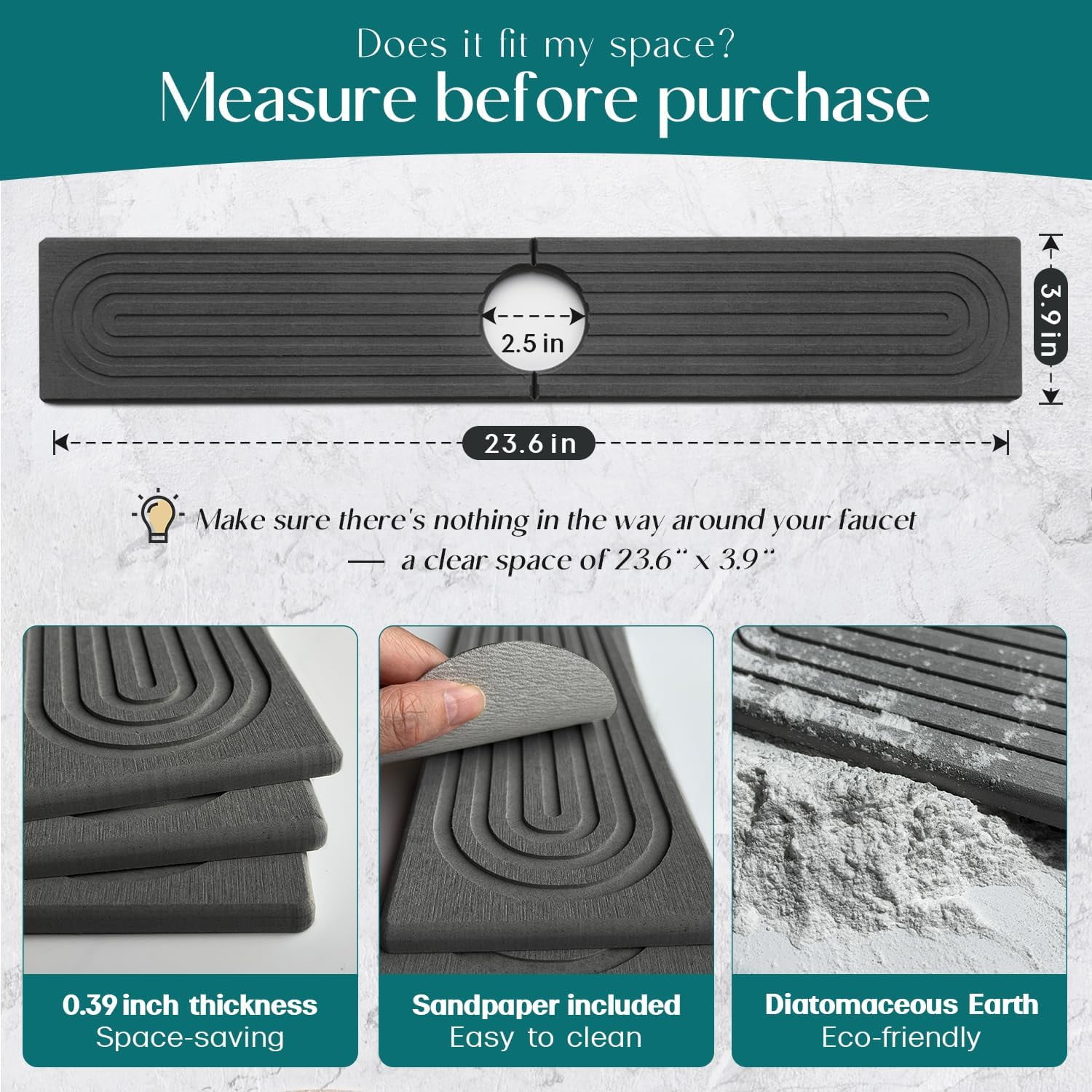 Diatomite Kitchen Sink Faucet Splash Guard – 23.6 Inch DryingNeat Stone Sink Tray, Mordern Faucet Handle Drip Catcher Stone, Absorbent Mat for Kitchen Counter [Dark Grey, 23.6"x 3.9"]