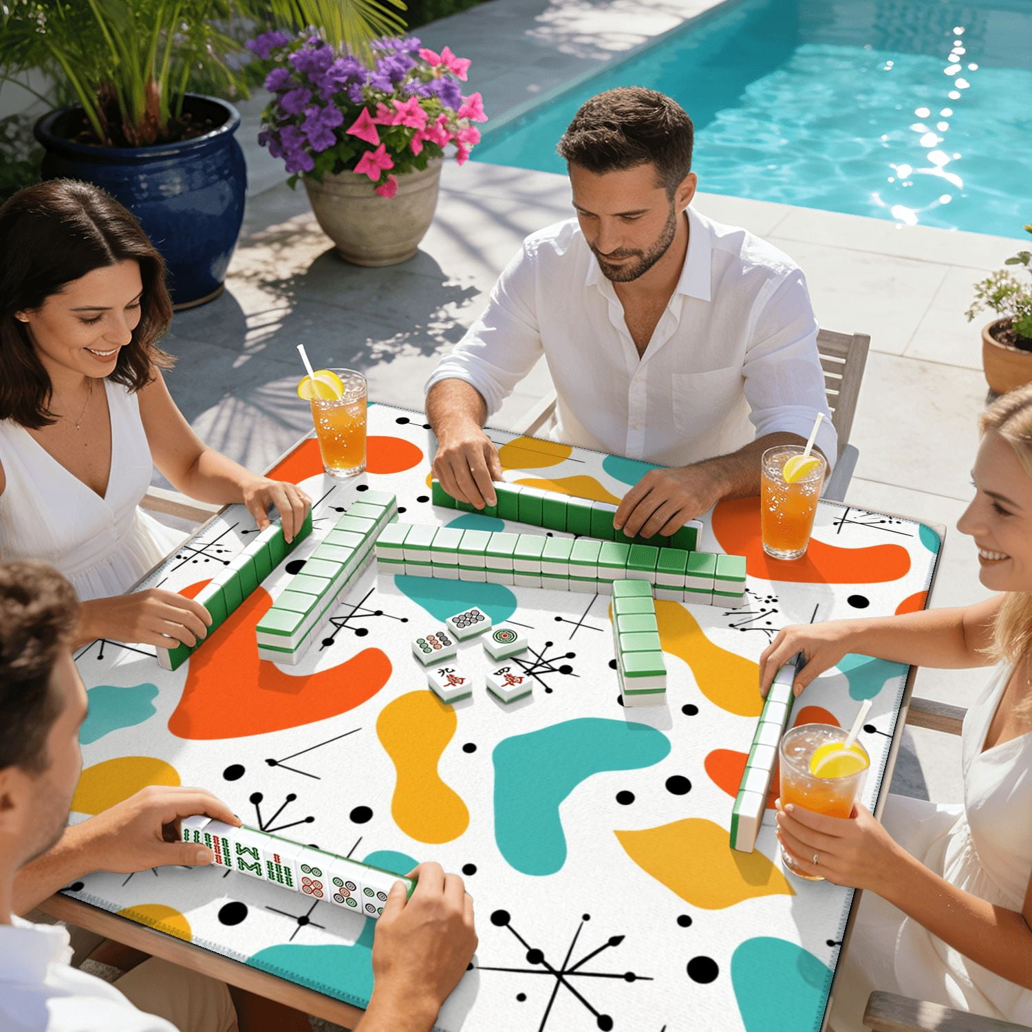 Mahjong Mat 31.5" x 31.5" Retro Mid Century Abstract Vibrant Shapes Black Line Elements Non-Slip Noise Reduction American Mahjong Tiles Table Cover for Dominoes Poker Card Board Games Gift