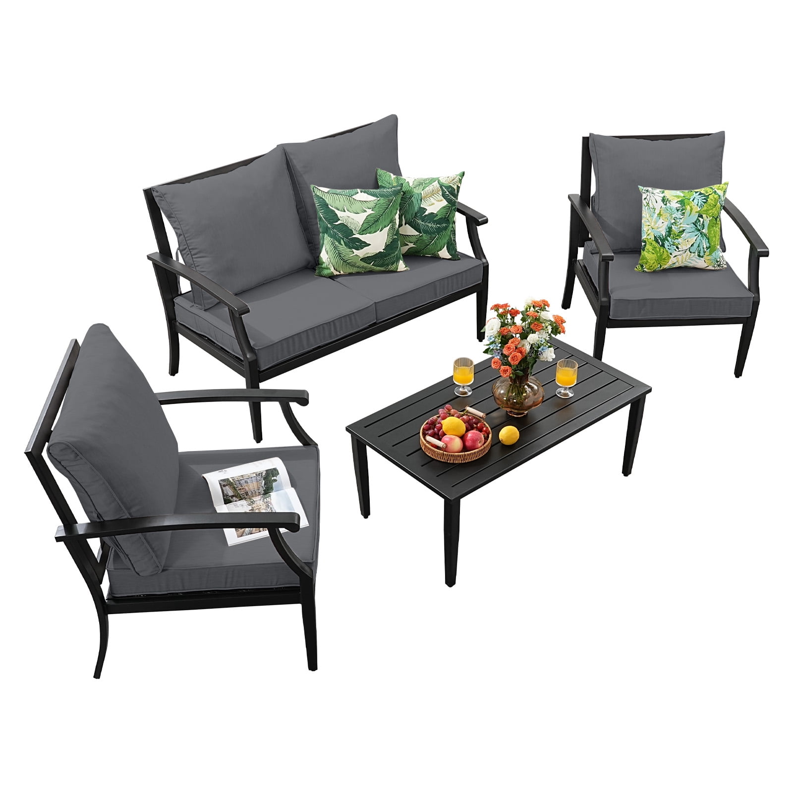 TerraRelax 4 Piece Outdoor Patio Furniture Set, Oversized Metal Conversation Set with High Back & Deep Seating, Water-Repellent Cushions, Coffee Table for Porch, Deck, Backyard, Grey