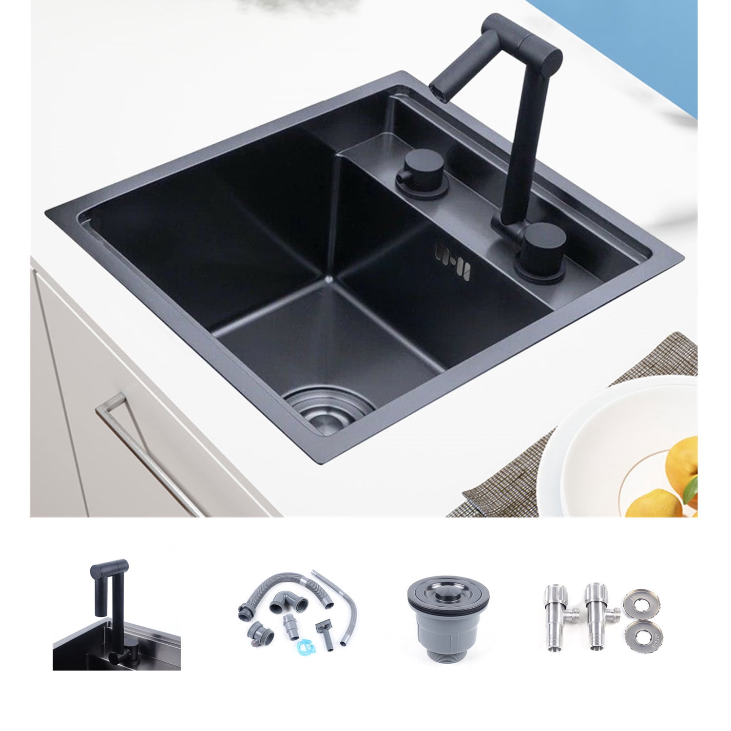 Under-Mount Hidden Kitchen Sink Set, Stainless Steel 9" Deep Single Bowl Sink with Faucet & Drain Brushed Black