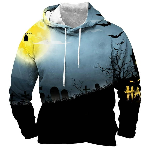 DQRPSEETB Big and Tall Hoodies for Men Men's Fashion Spring and Autumn Casual Long Sleeve Button Lapel ThreeHalloween Printed Hooded Sweatshirt Workout Hoodies for Men (Yellow,M)