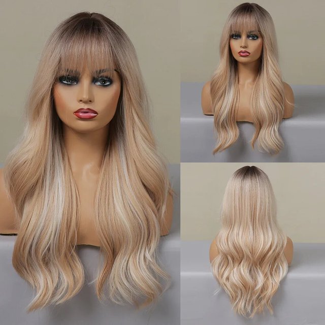 Pelucas onduladas rubias largas para mujer, pelucas de fiesta sedosas naturales con flequillo, uso diario, cabello sintético suave de alta densidad, resistente al calor