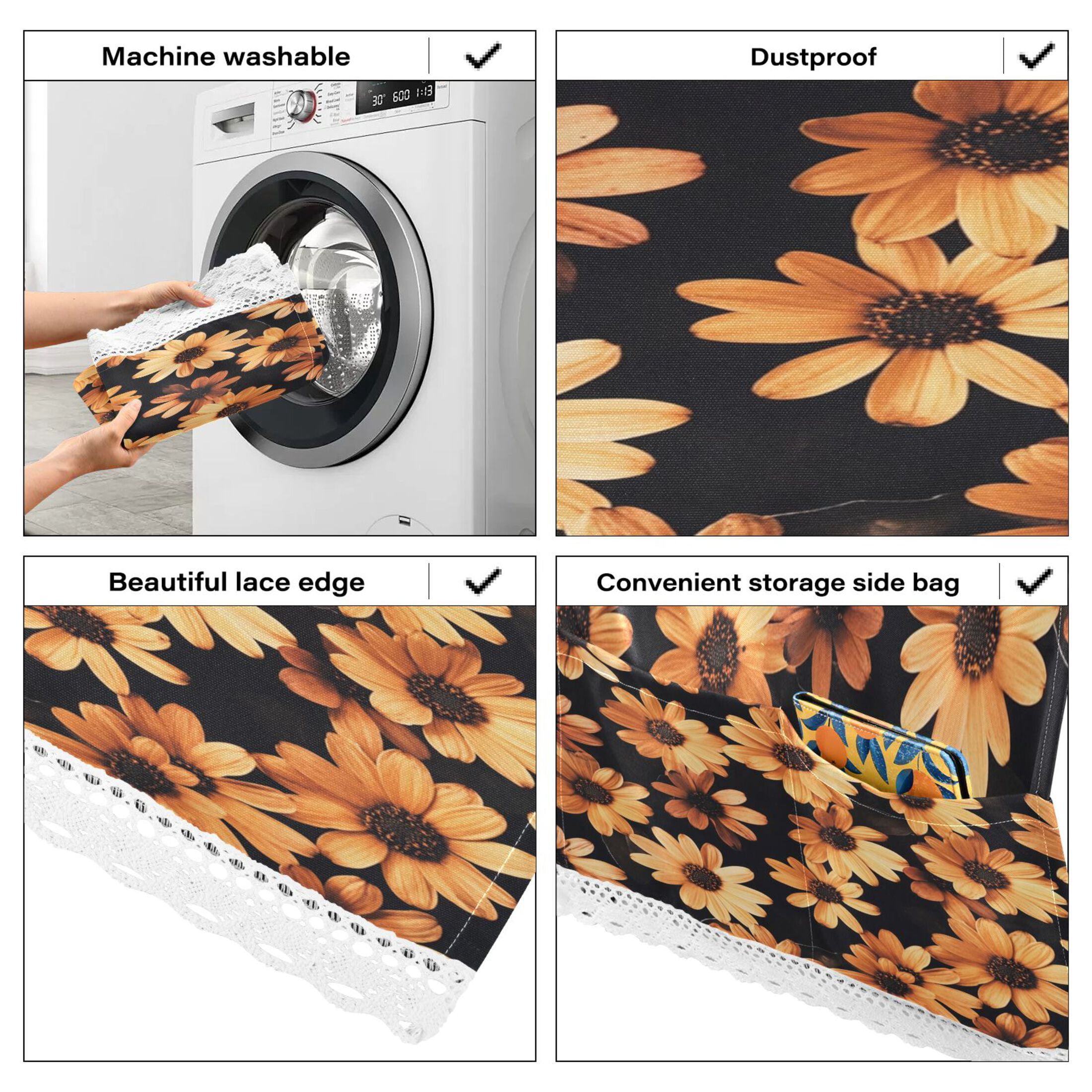 Orange DaisiesWasher and Dryer Covers Dust-Proof and Oil Resistant Fridge Cover with 4 Storage Pockets Washing Machine Top Cover for Laundry Kitchen Home 51.2 x 22 In