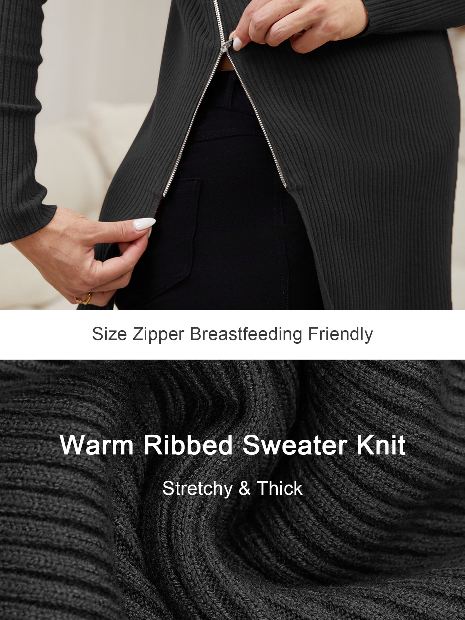 DARING DIVA Women's Maternity Zipper Split Side Sweater for Breastfeeding XL Black
