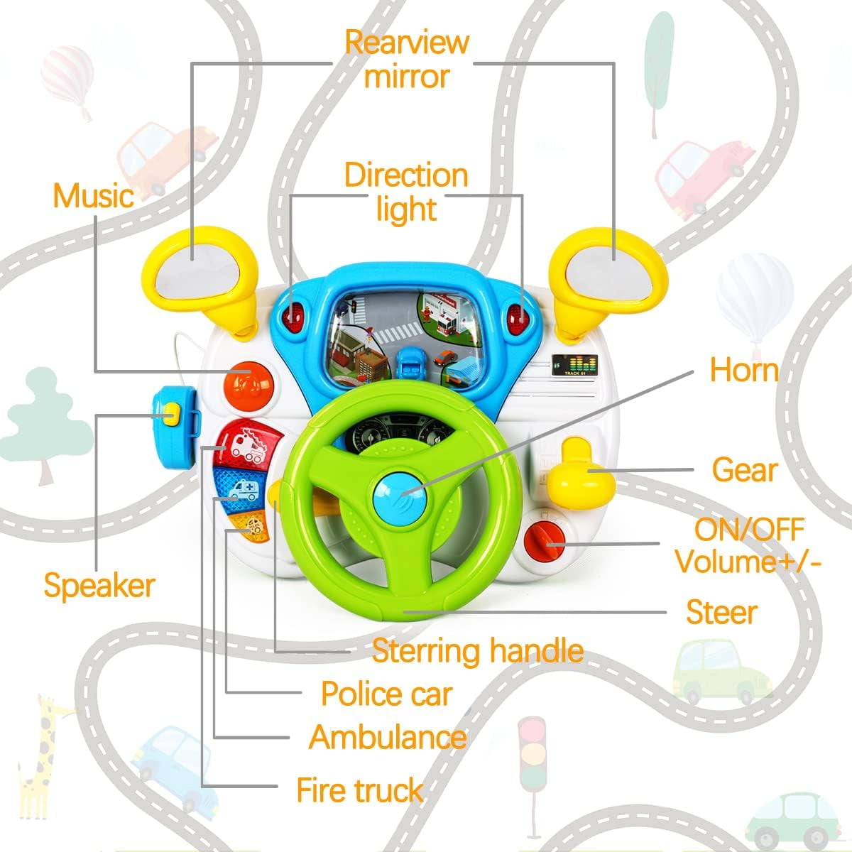 Toddler Steering Wheel Toy, Turn and Learn Driver Toy with Light and Sound, Role-Play Toy for Baby