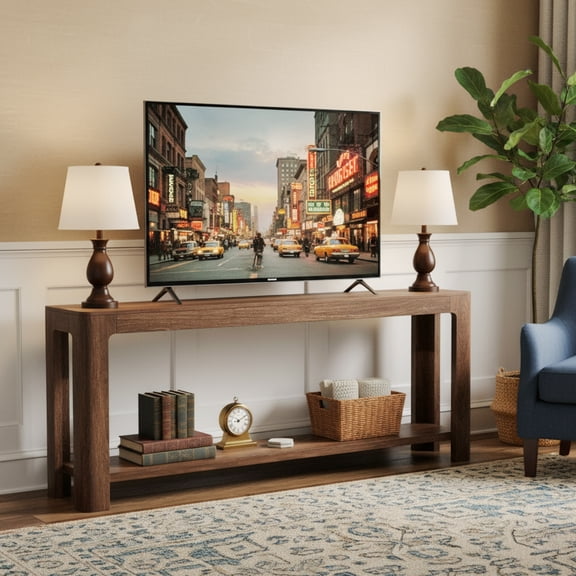 Finmind 63" TV Stand, 2-Tier Narrow Media Console for Living Room, Dark Brown