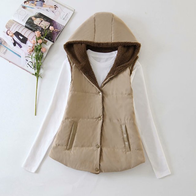 LSLJS Gilets pour Femmes, Veste Décontractée Chaude à Capuche en Velours d'Agneau Uni, Gilets d'Extérieur pour Femmes