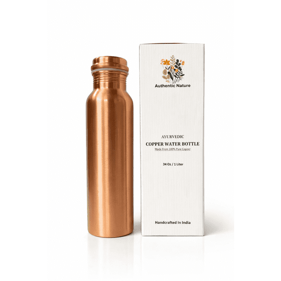 Authentic Nature Ayurvedic Copper Water Bottle, Pure Copper, 1 Litre/34 Oz, Plain, With Health Benefits, Handcrafted in India