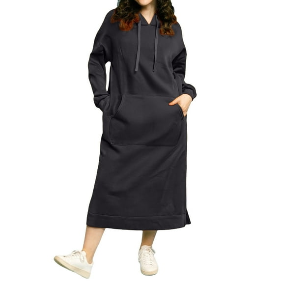 DHFJKG Women's Loose Fit Hooded Sweatshirt Dress Plus Size Solid Color Casual Fashion Dresses With Large Pocket And Drawstring Long Sleeve For Autumn Winter Relaxed Fit Pullover