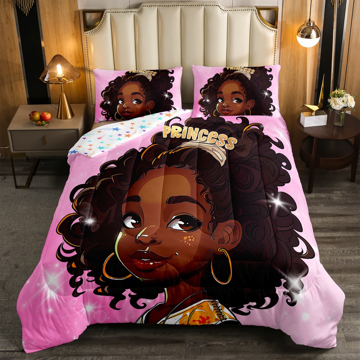 YST Black Princess Girl Bedding Set American African Full Size Comforter Set For Girls Glitter Pink Black Little Girl Bed Comforter Sets For Kids Teen Reversible Colorful Stars Quilt Set Walmart