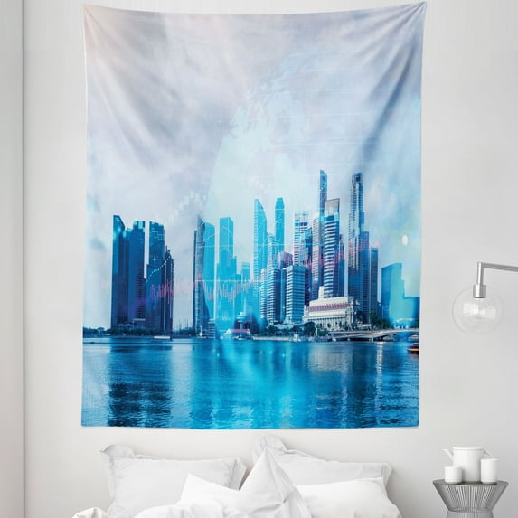City Tapestry, Business Forex Stock Market Fintech Finance Themed Scene Singapore View, Fabric Wall Hanging Decor for Bedroom Living Room Dorm, 5 Sizes, Blue Grey and Fuchsia, by Ambesonne