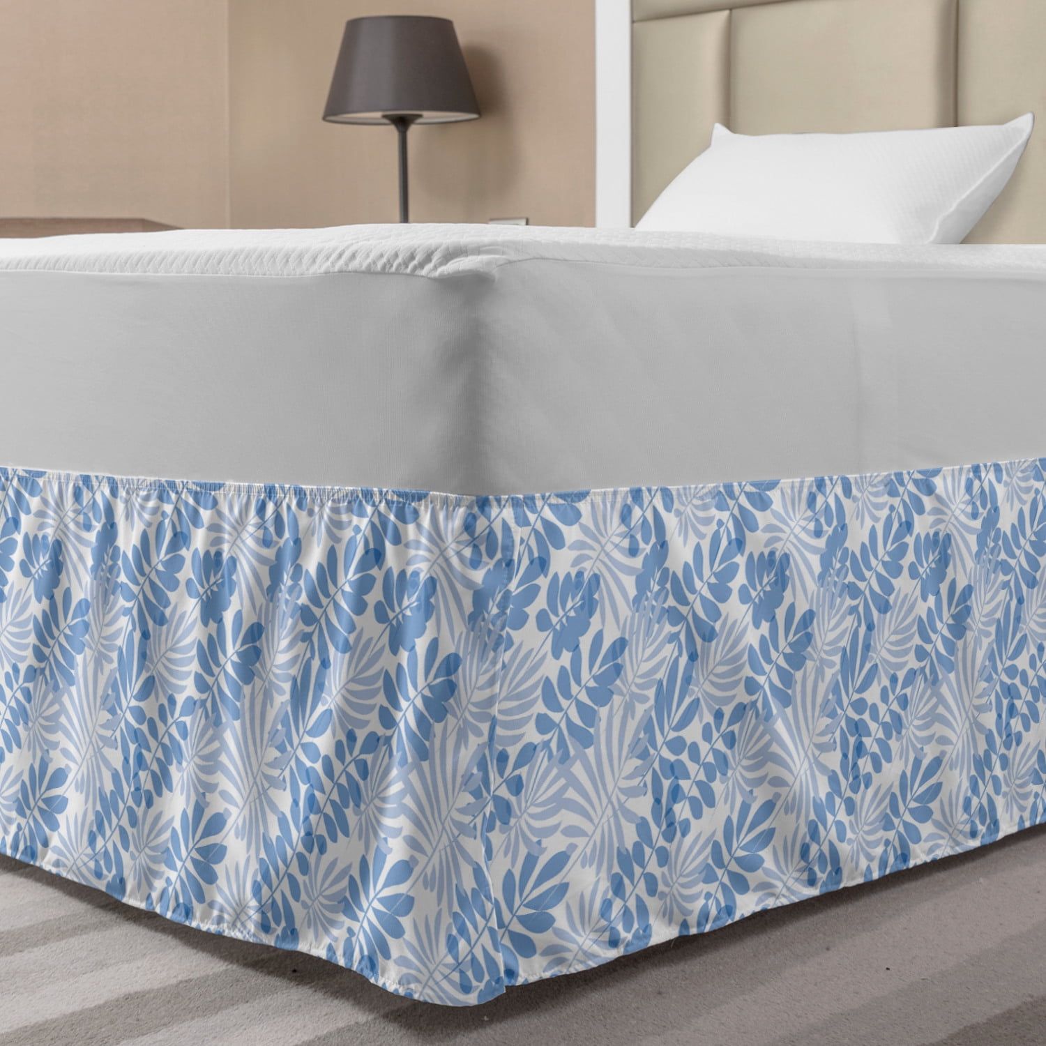 Blue and White Bed Skirt, Tender Tropical Design in Blue Shades Exotic