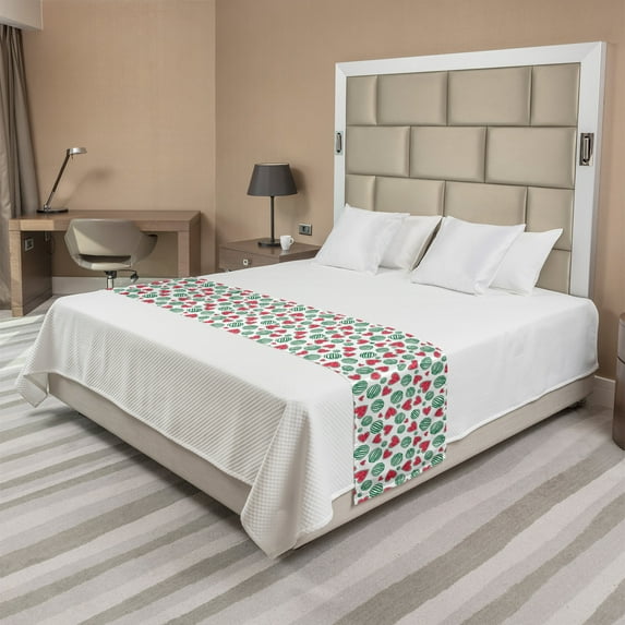 Melon Bed Runner, Summer Love Themed Pattern with Round and Heart Shaped Watermelons, Decorative Accent Bedding Scarf for Hotels Homes and Guestrooms, King, Dark Coral Forest Green, by Ambesonne